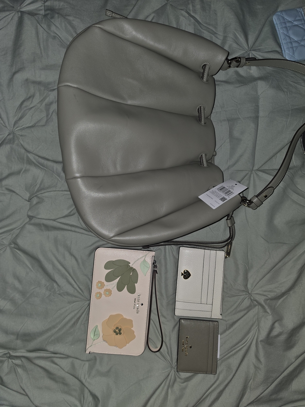 kate spade Gray Leather Shoulder Bag with Floral Wristlet and Card Holders